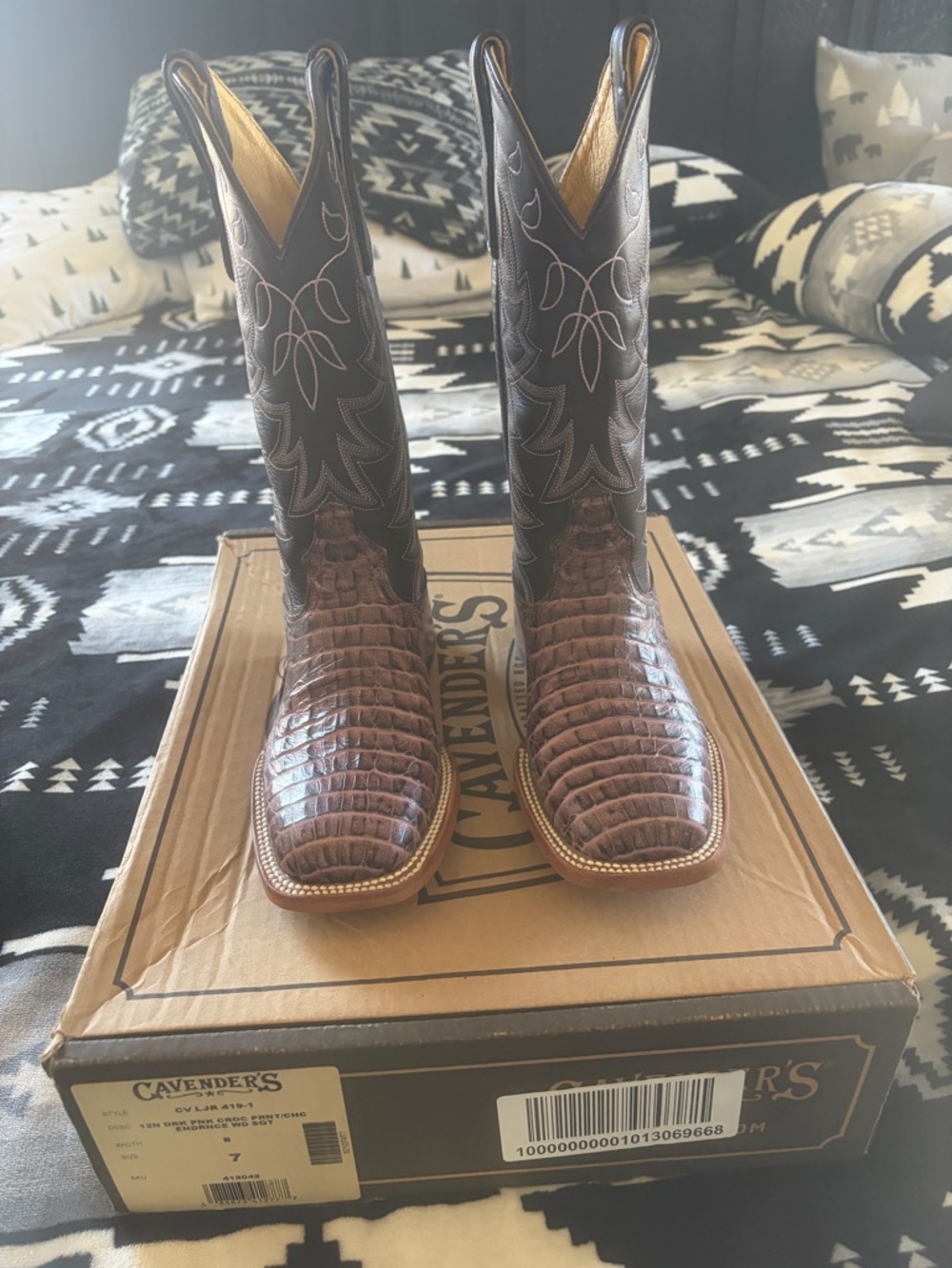 Cavender's Brown with Pink Croc-Embossed Western Heeled Boots